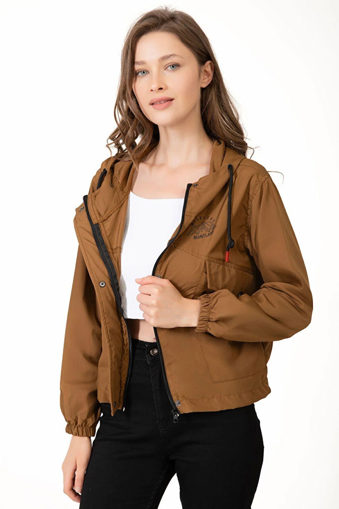 Spor Kadın Su Yeşili Su Geçirmez Ve Rüzgara Dayanıklı Kapüşonlu Cepli Çıt Çıtlı Mevsimlik Yağmurluk