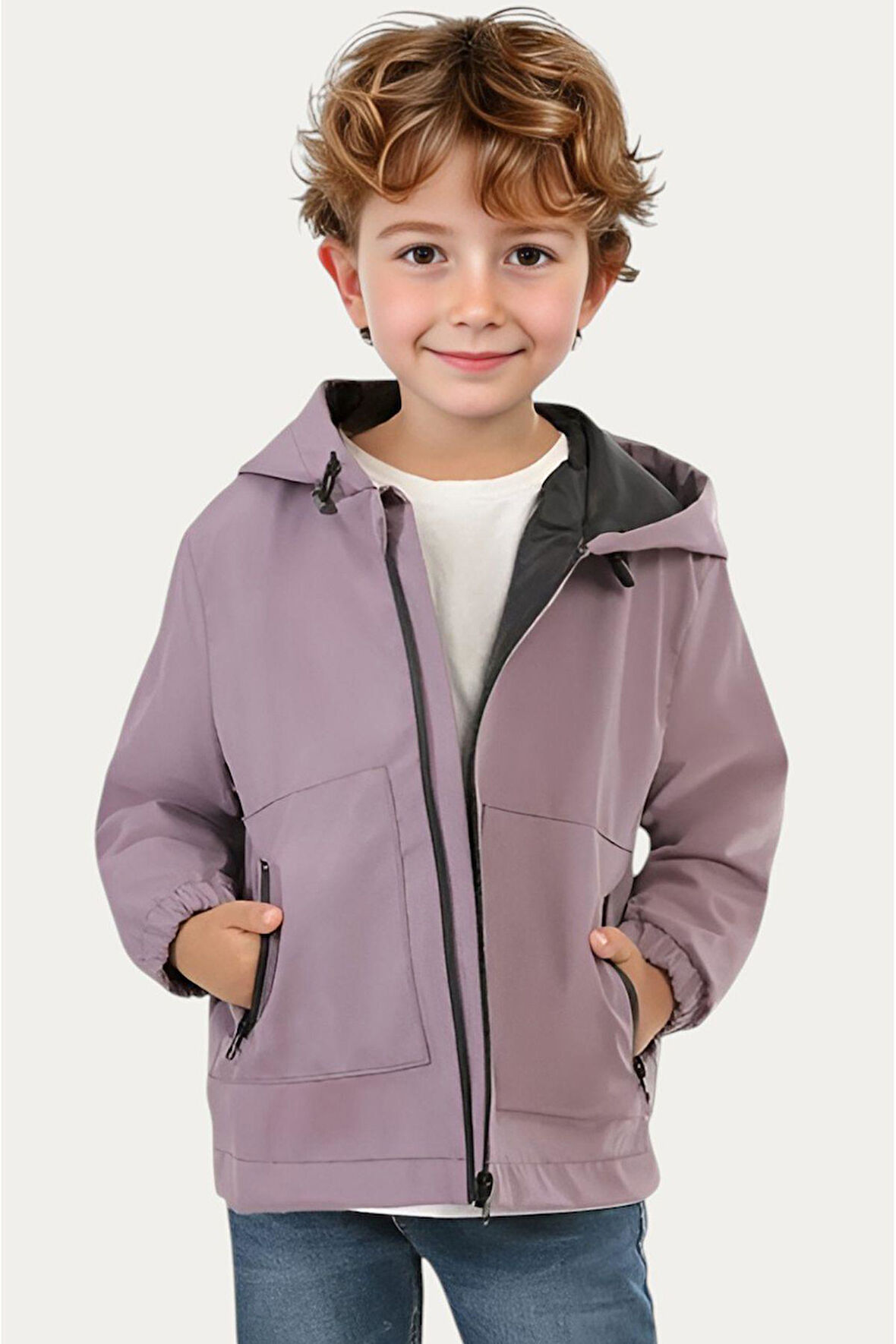 Erkek Çocuk Astarlı Su ve Rüzgar Geçirmez Kapüşonlu Çift Fermuarlı Cepli Yağmurluk