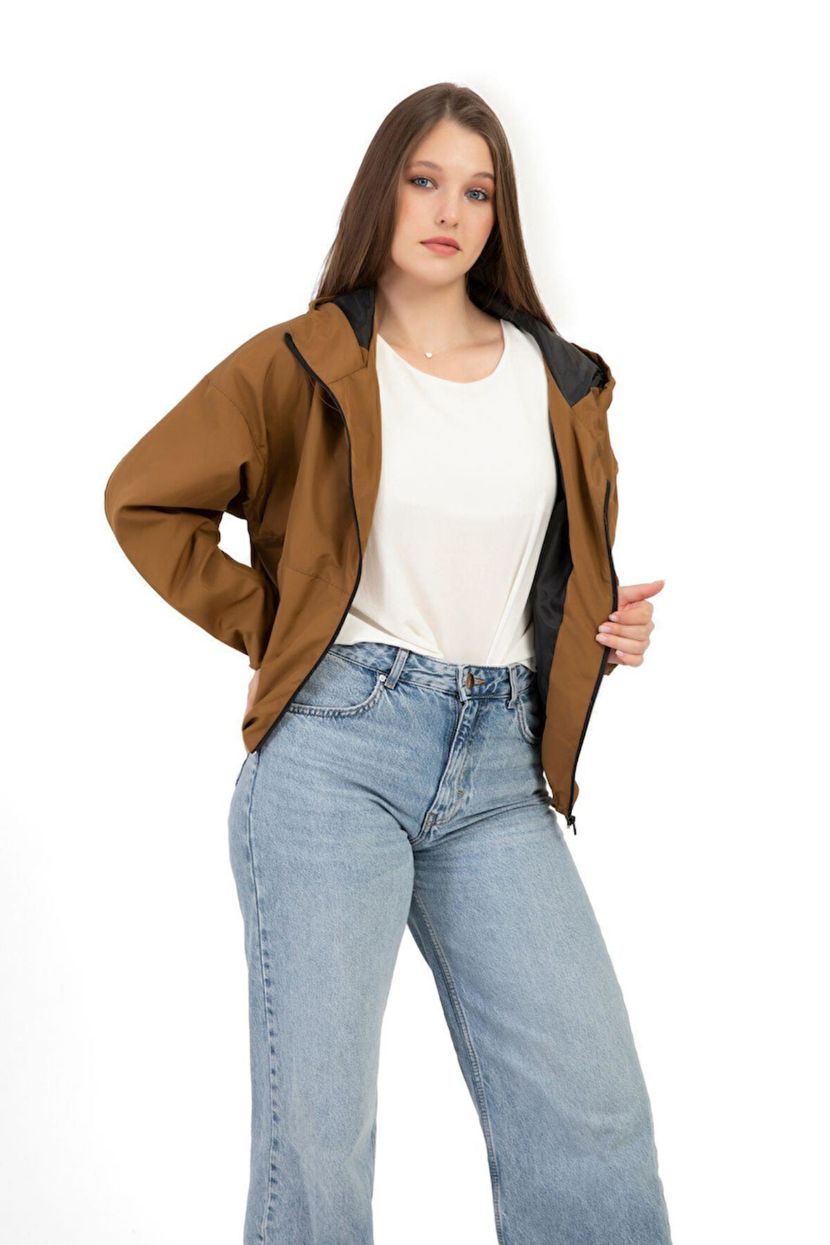 Kadın Kapüşonlu Su ve Rüzgar Geçirmez Cepli Astarlı Oversize Yağmurluk