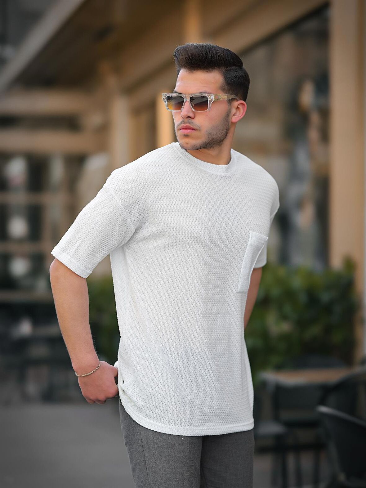 Cep Detaylı Oversize Örme T-shirt - Beyaz