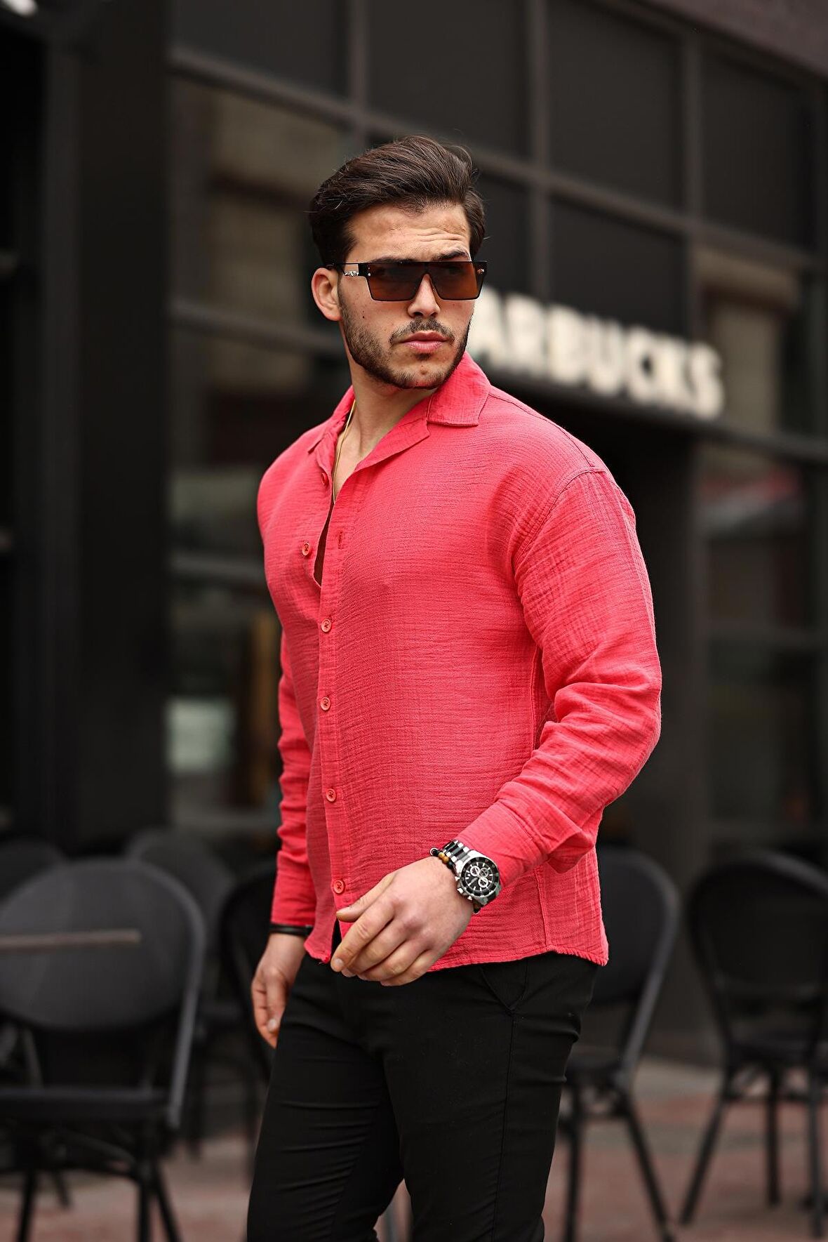 Apaş Yaka Oversize Müslin Kumaş Gömlek - Kırmızı