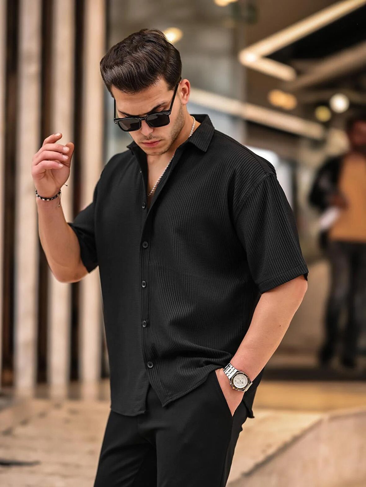 Oversize Fitilli Kısa Kol Gömlek - Siyah
