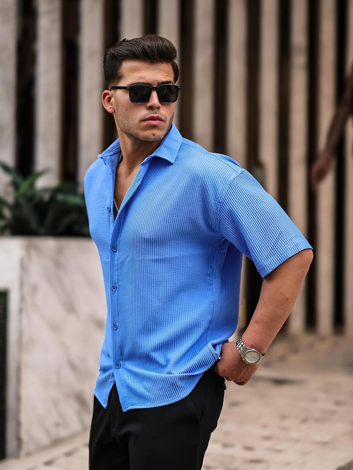 Oversize Fitilli Kısa Kol Gömlek - Mavi