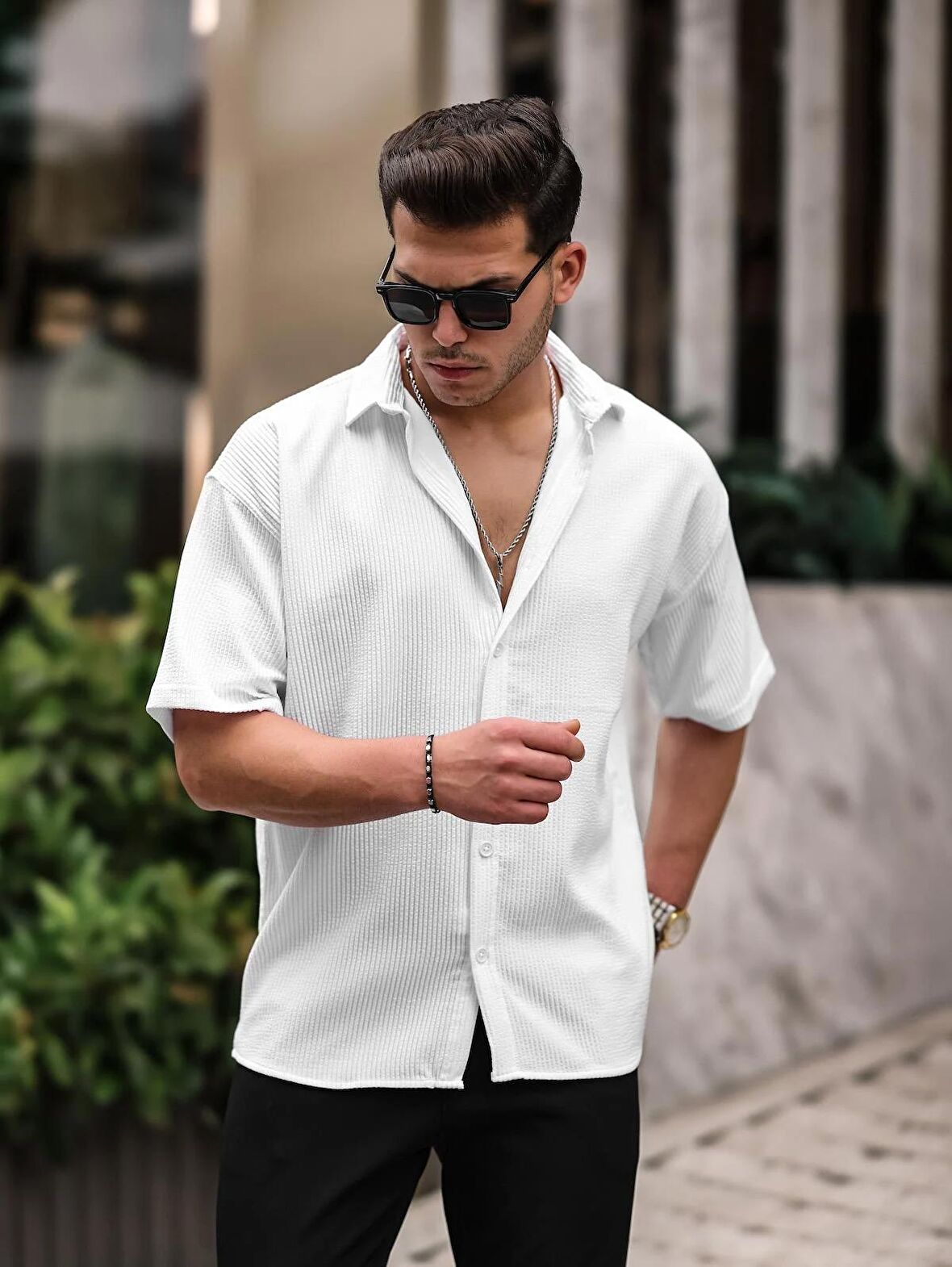 Oversize Fitilli Kısa Kol Gömlek - Beyaz