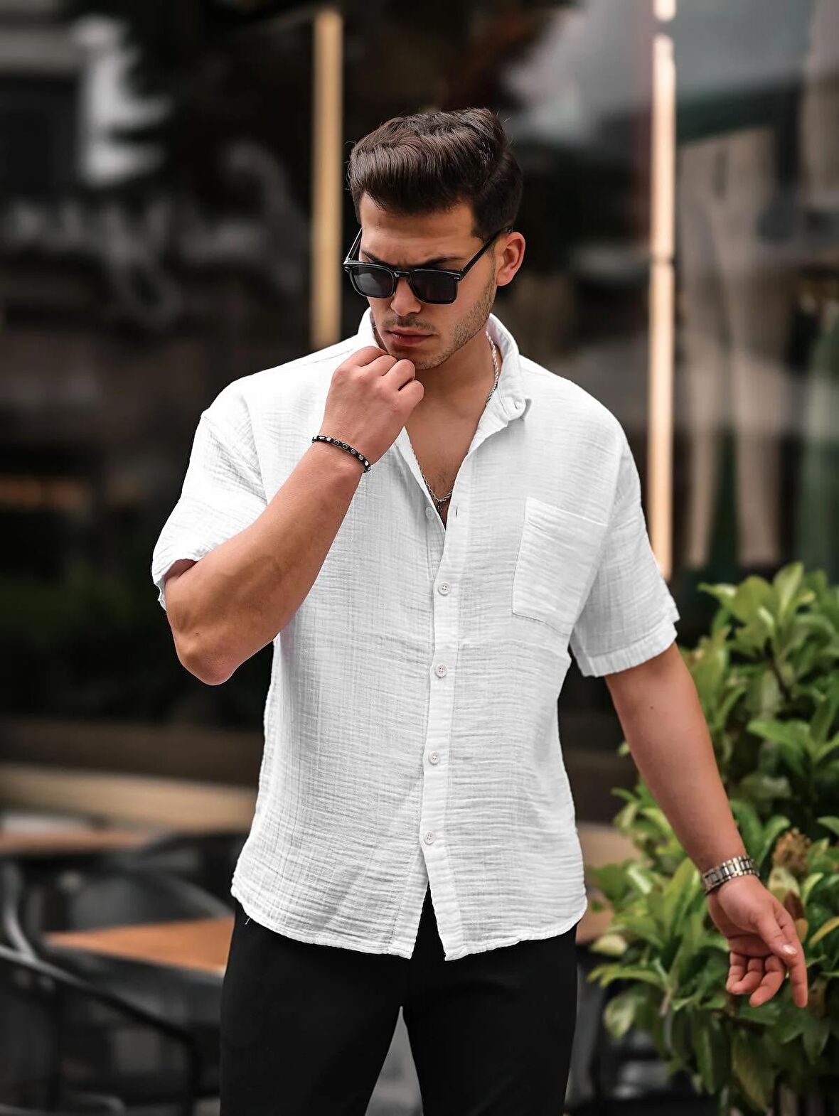 Oversize Müslin Kumaş Tek Cepli Gömlek- Beyaz