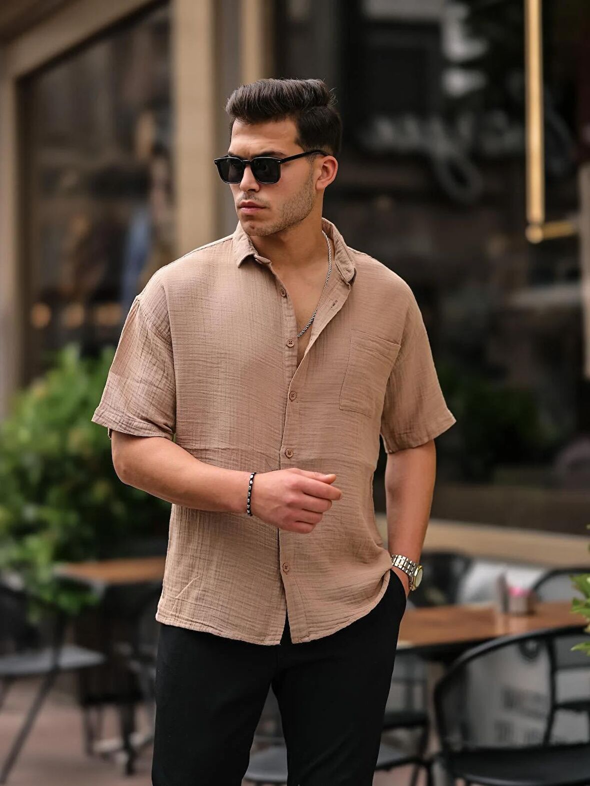Oversize Müslin Kumaş Tek Cepli Gömlek- Bej