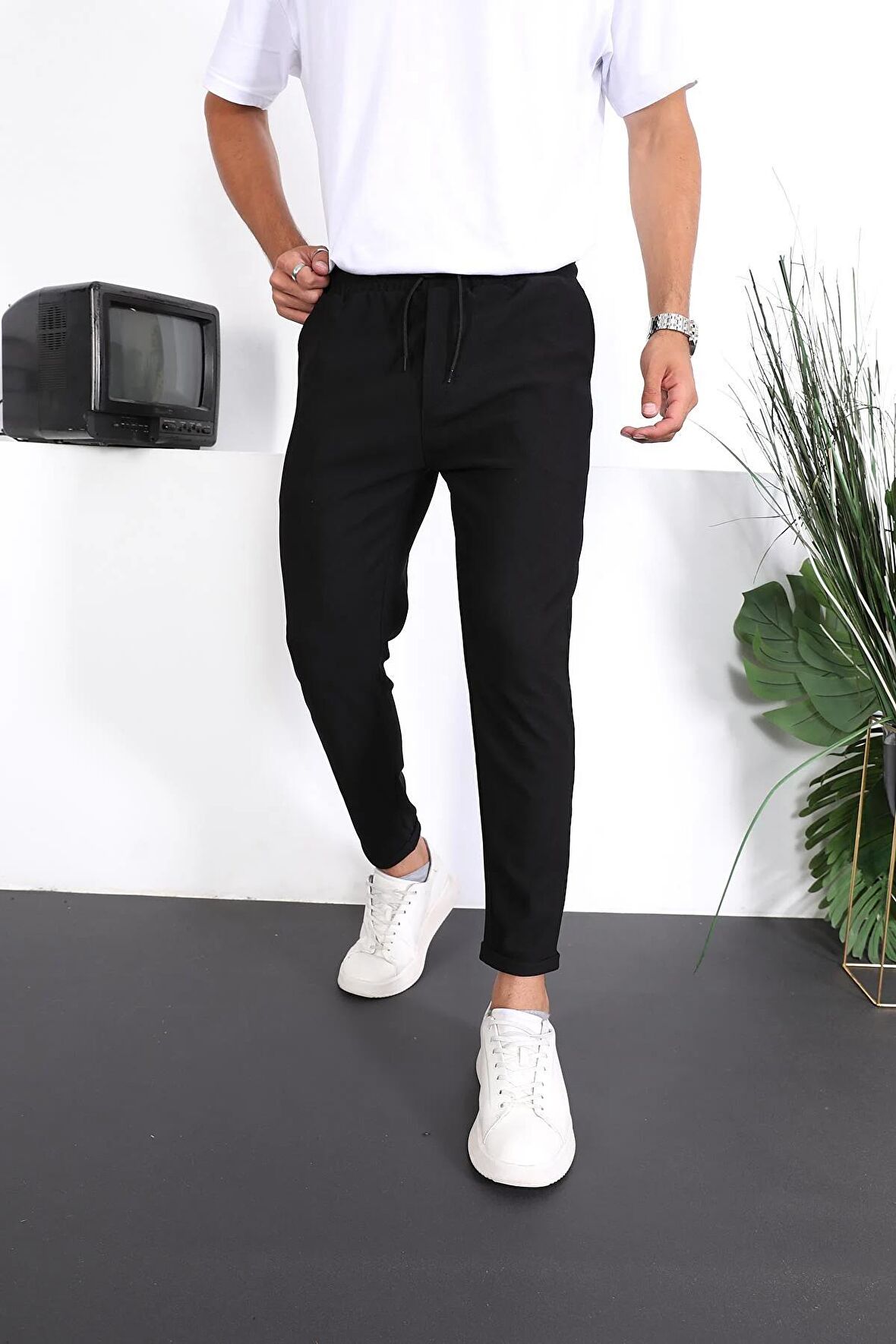 Premium Dokulu Duble Paça Fit Pantolon - Siyah