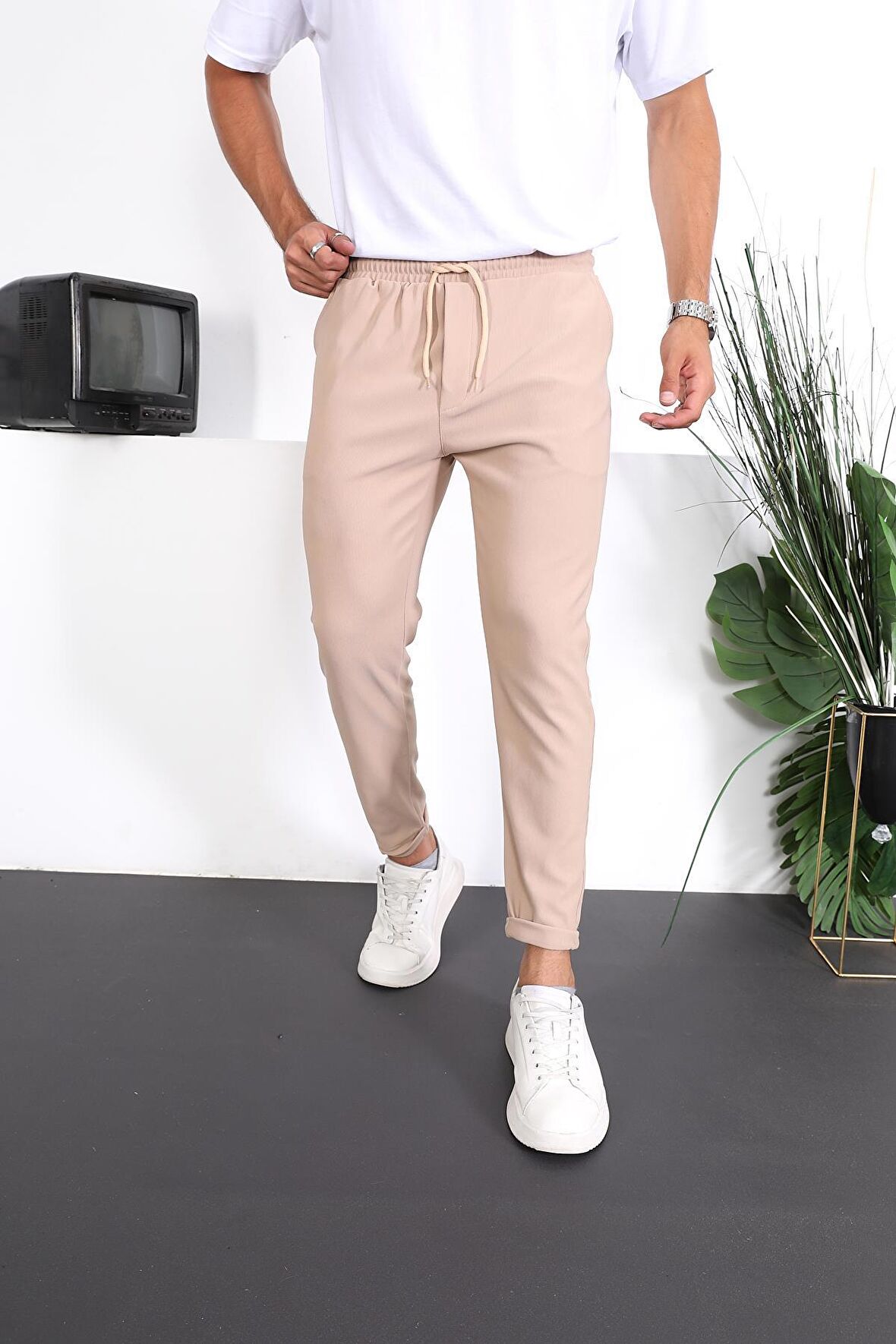 Premium Dokulu Duble Paça Fit Pantolon - Bej