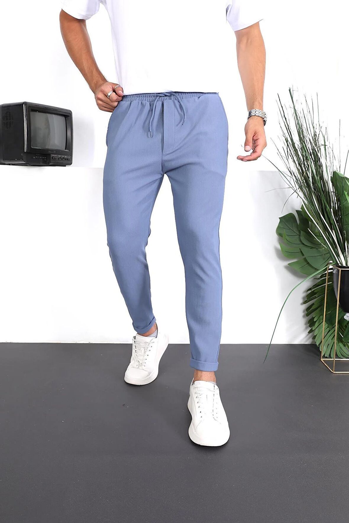 Premium Dokulu Duble Paça Fit Pantolon - Mavi