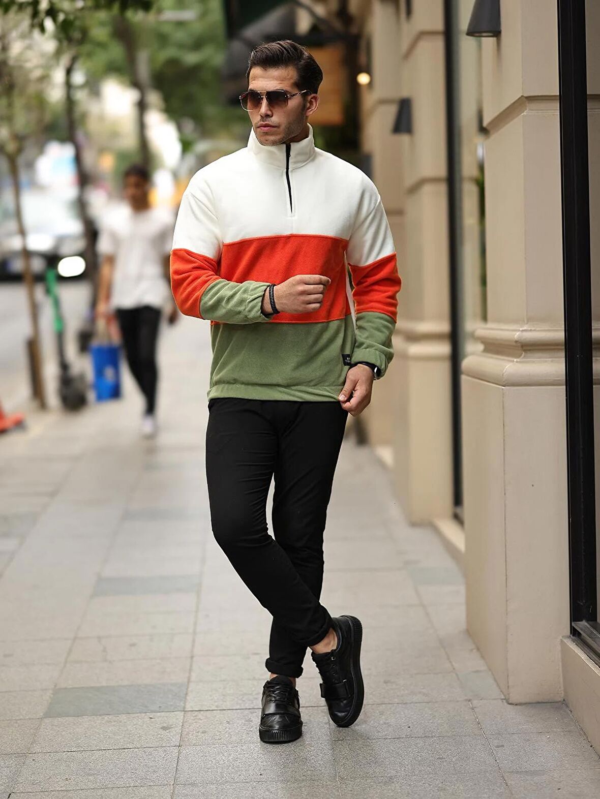 Parça Desen Yarım Fermuar Polar Sweatshirt - Ekru/Turuncu/Haki