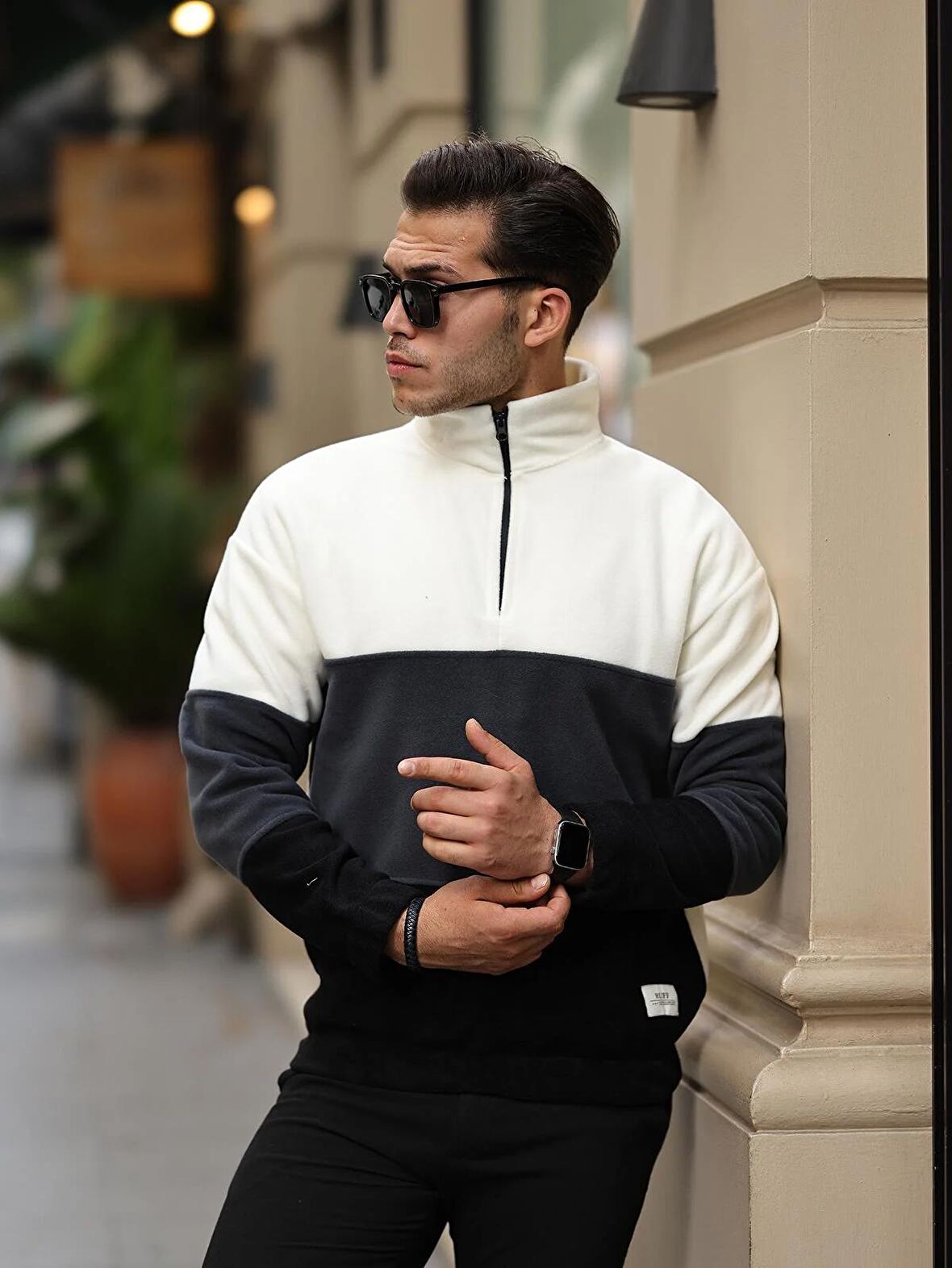 Parça Desen Yarım Fermuar Polar Sweatshirt - Ekru/Füme/Siyah
