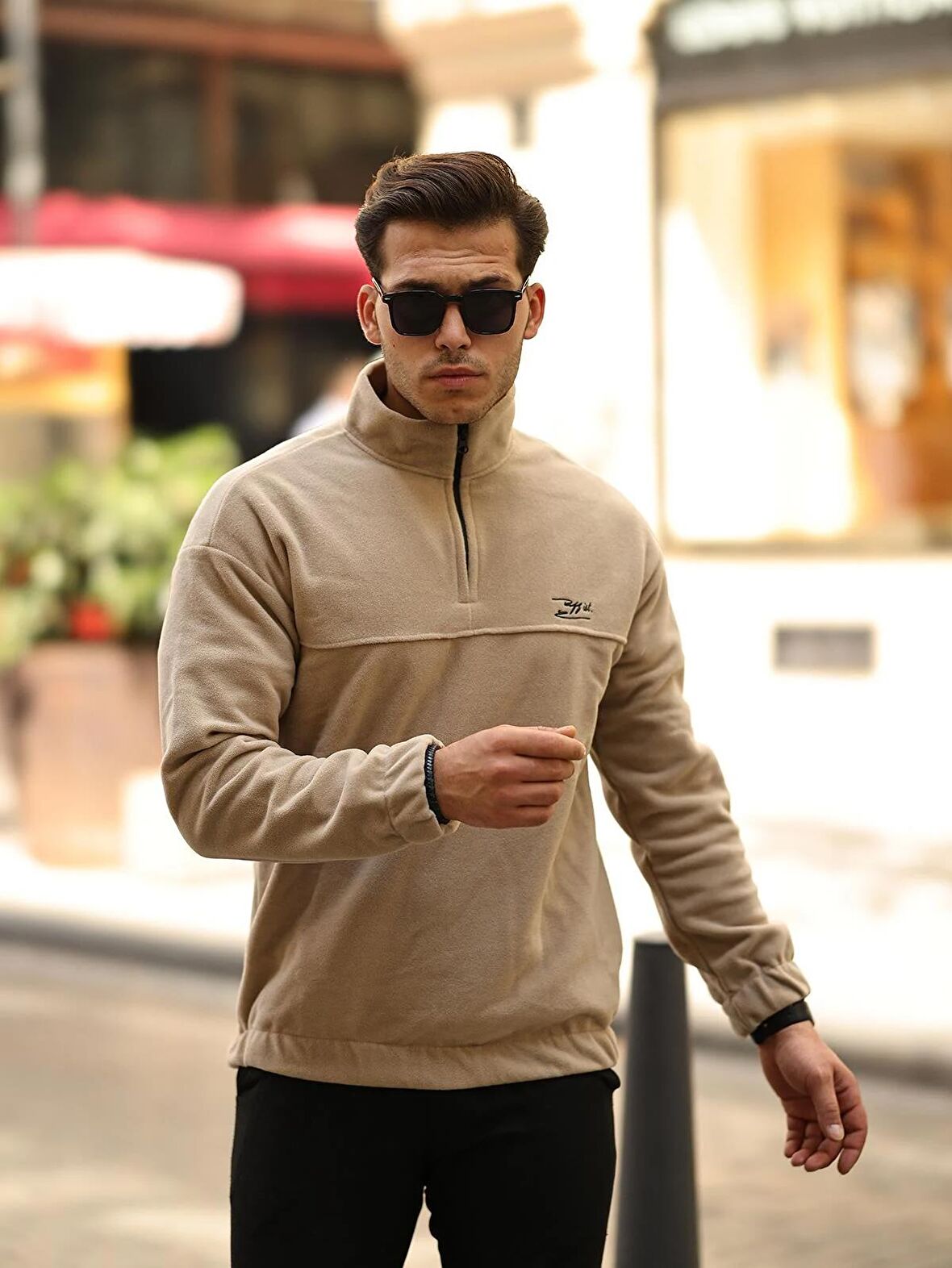 Premium Yarım Ferrmuar Polar Sweatshirt - Bej