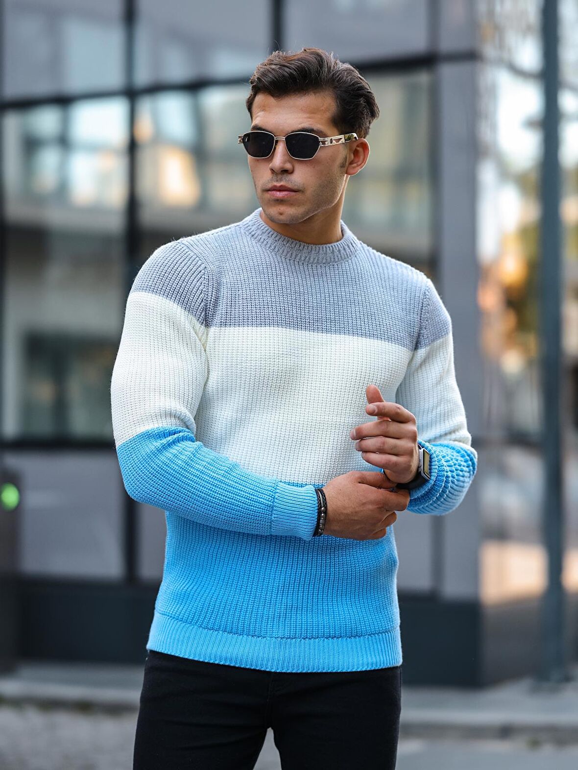 Parça Desen Bisiklet Yaka Kazak - Mavi