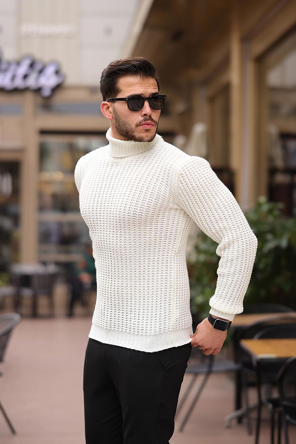 Nopenli Fitil Örgü Balıkçı Kazak -Beyaz