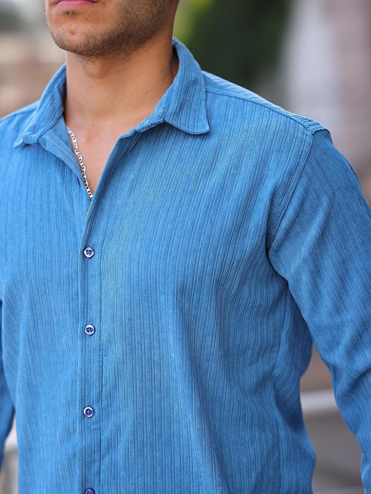 Premium Şeritli Kadife Gömlek - Mavi