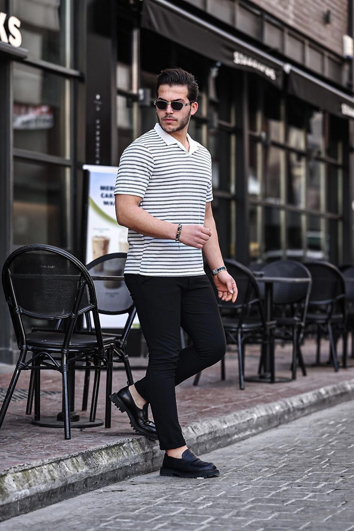  Polo V Yaka Örme Tişört - Gri