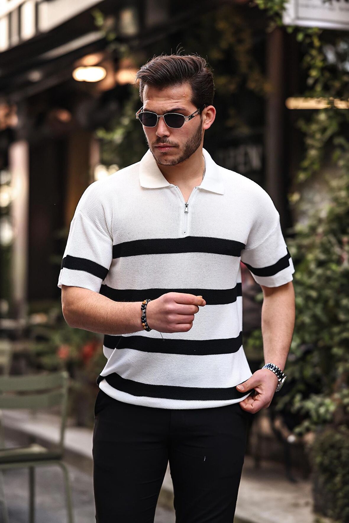 Yarım Fermuar Çizgili Oversize Triko T-Shirt - Beyaz