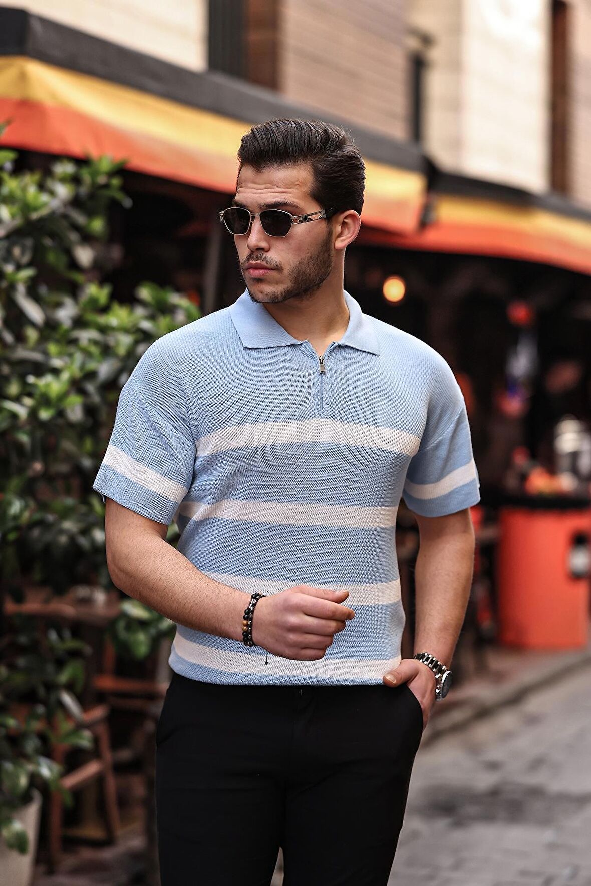 Yarım Fermuar Çizgili Oversize Triko T-Shirt - Açık Mavi
