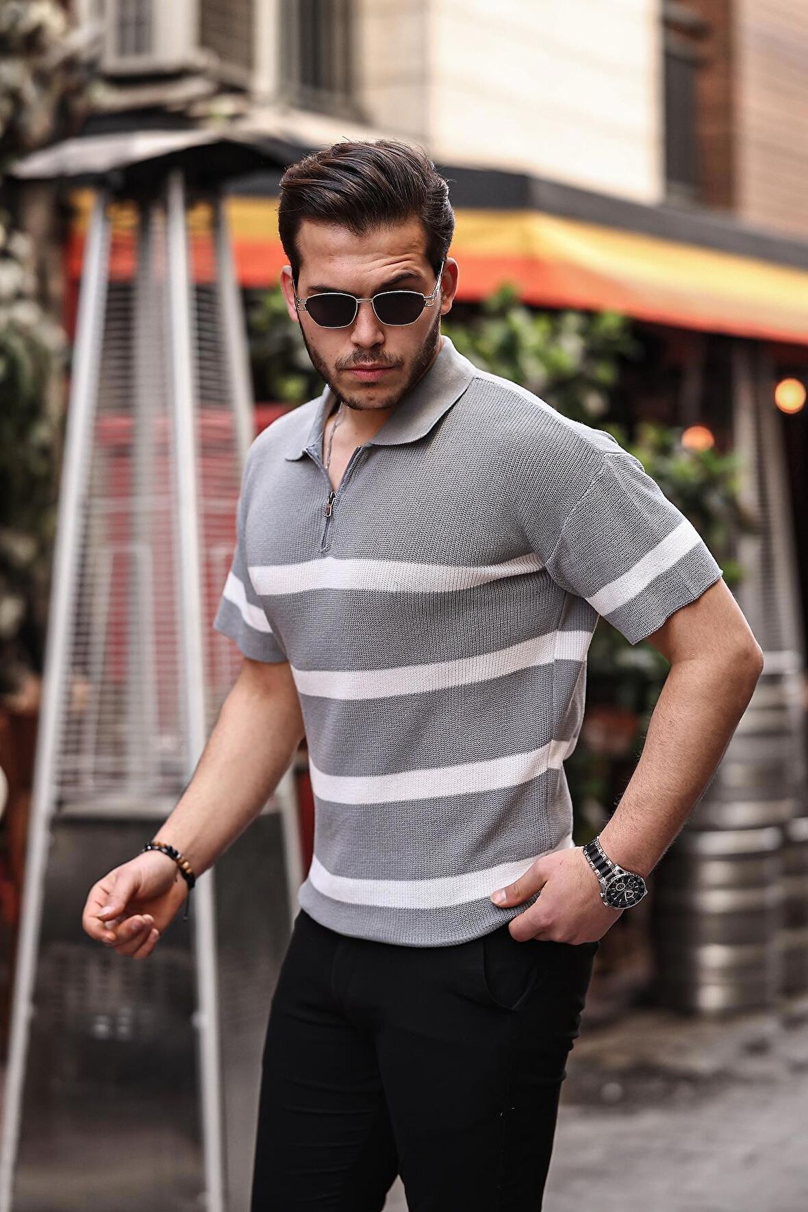 Yarım Fermuar Çizgili Oversize Triko T-Shirt - Gri