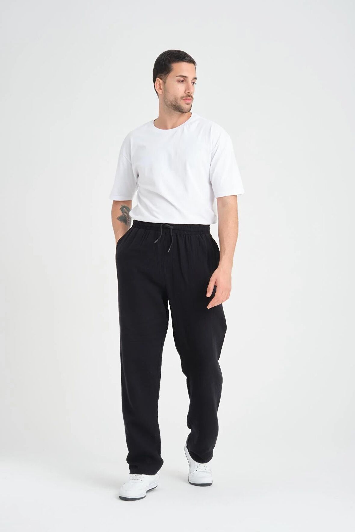 Baggy Kalıp Müslin Kumaş Pantolon - Siyah