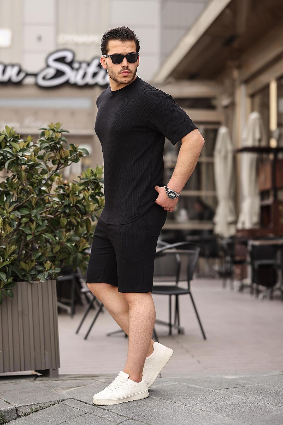 Fitilli Oversize T-Shirt Şort Takım - Siyah