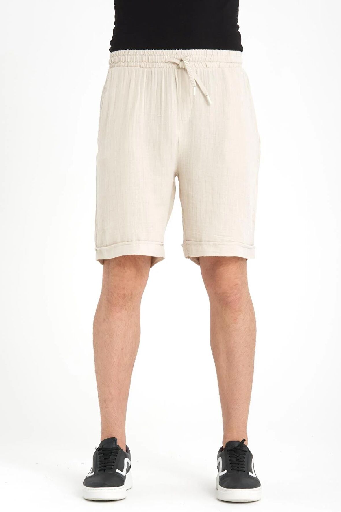 Duble Paça Müslin Kumaş Şort - Açık Bej