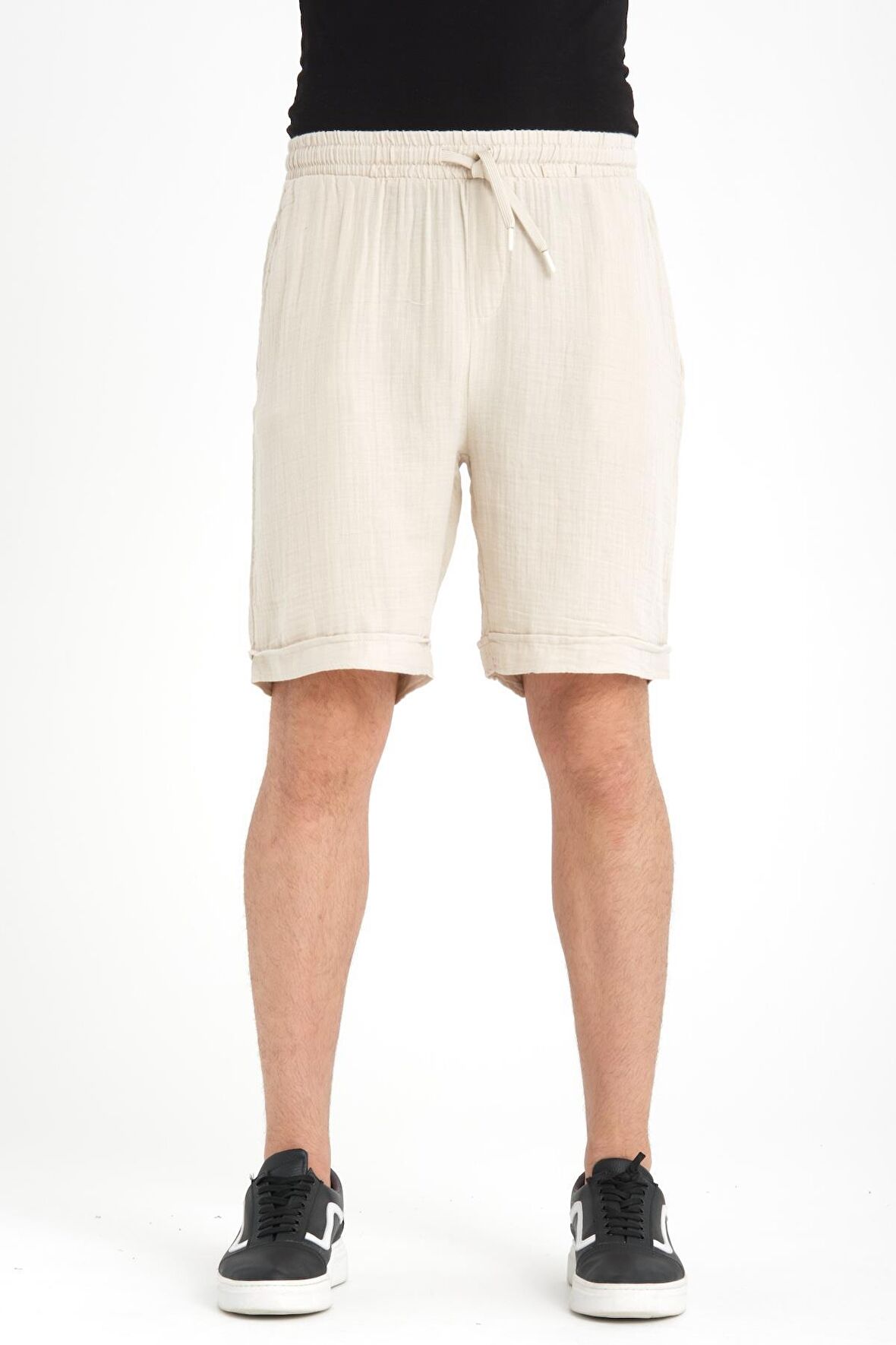 Duble Paça Müslin Kumaş Şort - Açık Bej