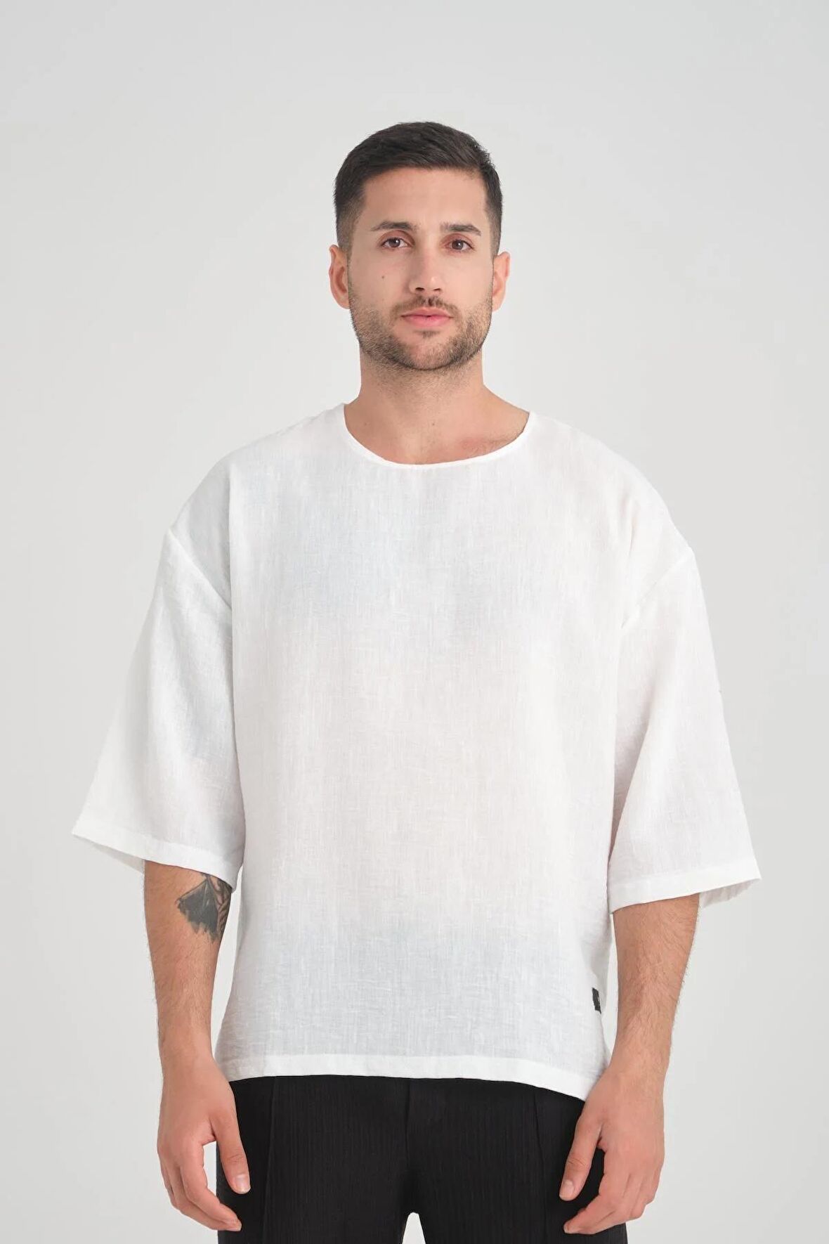 Bisiklet Yaka Fakir Kol Oversize Kısa Kol T-shirt - Beyaz