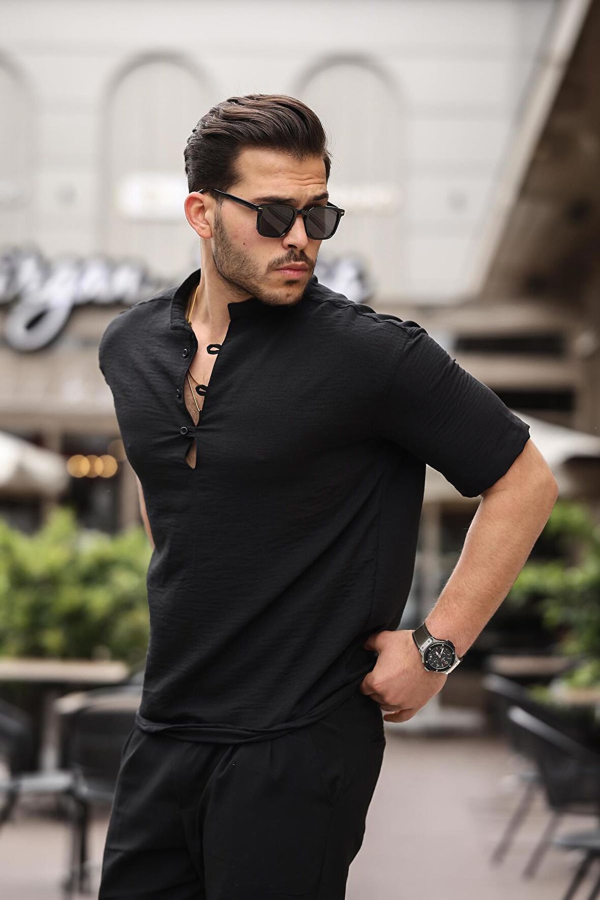 Oversize Yarım Pat Bambu Kısa kol Gömlek - Siyah