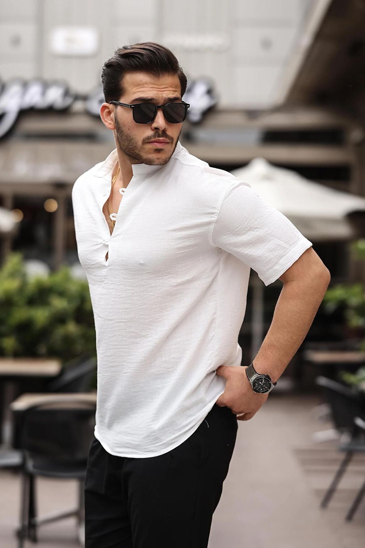 Oversize Yarım Pat Bambu Kısa kol Gömlek - Beyaz