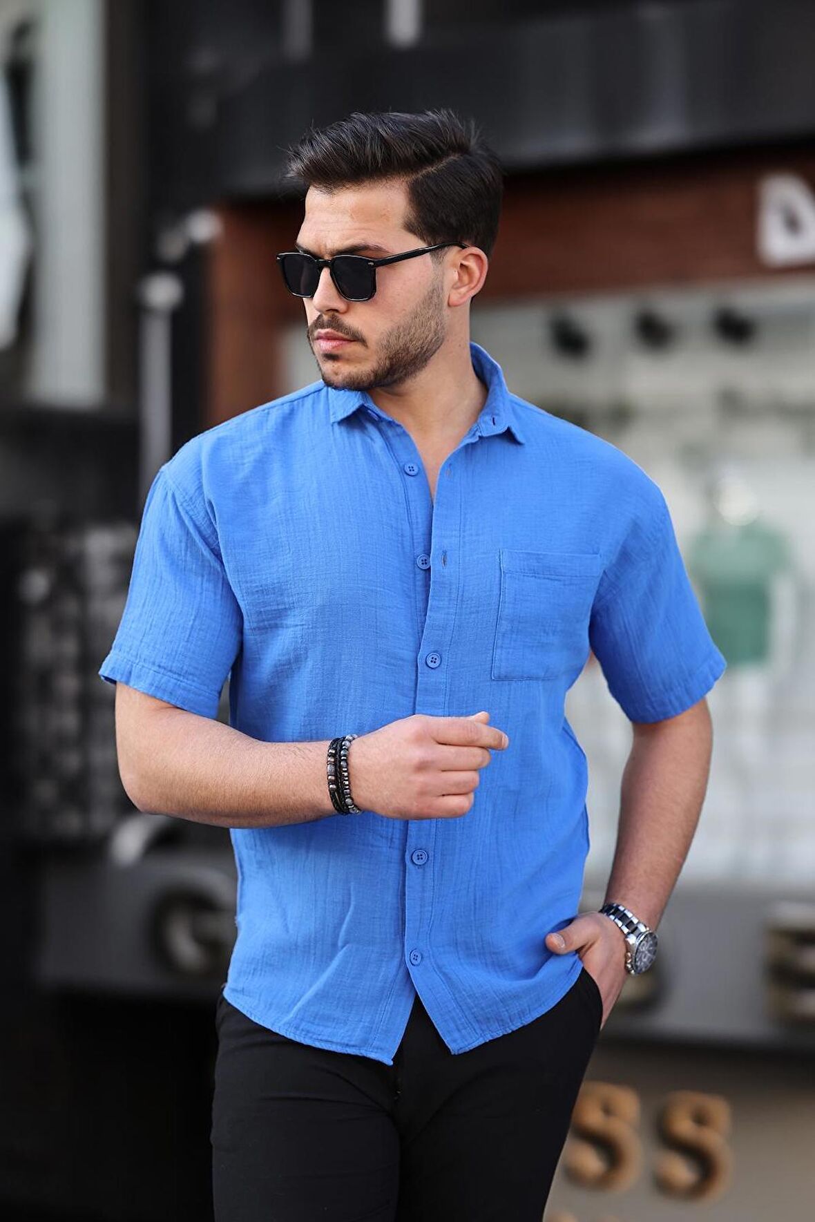 Oversize Müslin Kumaş Tek Cepli Gömlek- Parlement Mavi