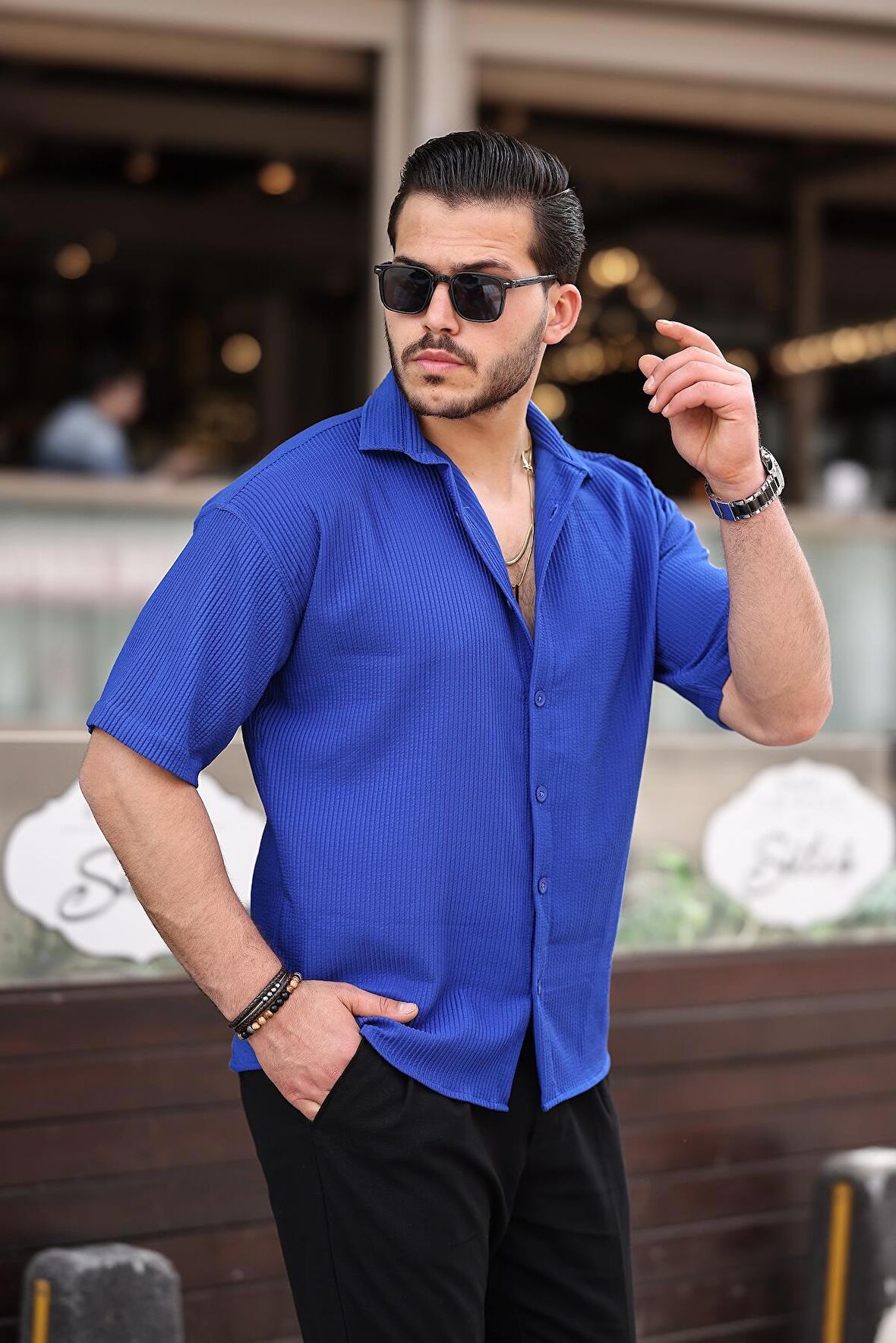 Oversize Fitilli Kısa Kol Gömlek - Parlement Mavi