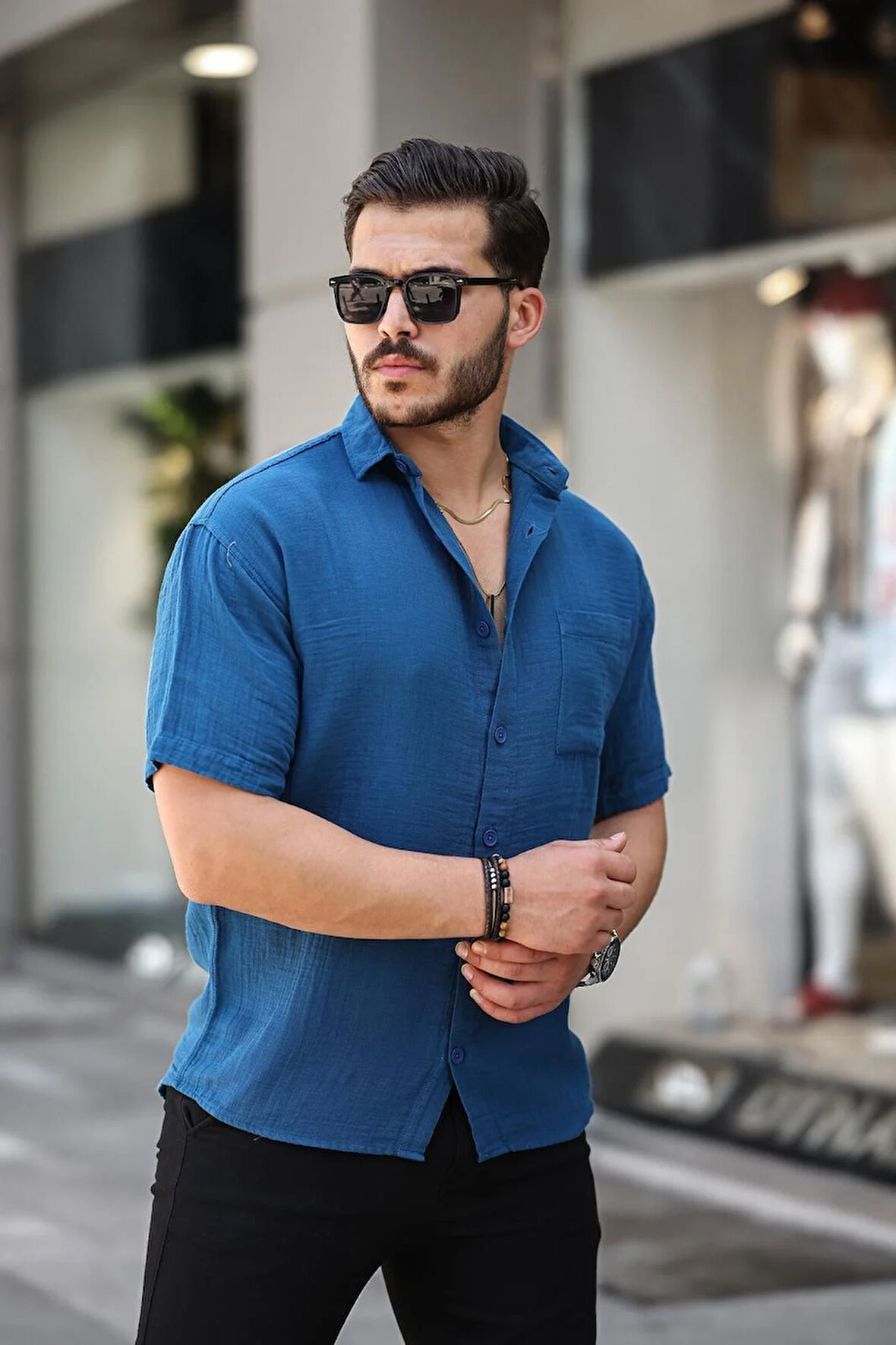 Oversize Müslin Kumaş Tek Cepli Gömlek- İndigo
