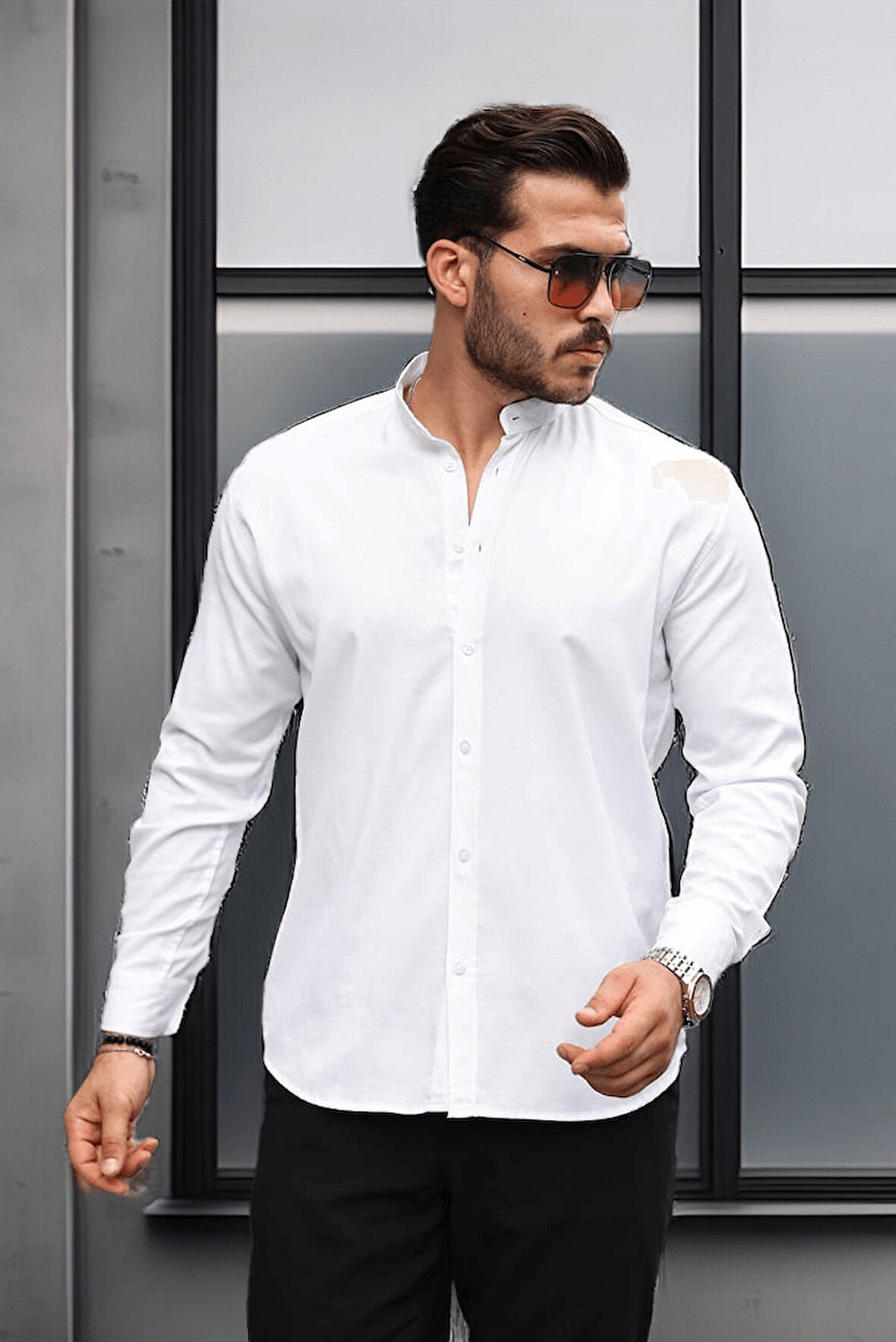 Hakim Yaka Oxford Kumaş Uzun Kol Gömlek - Beyaz