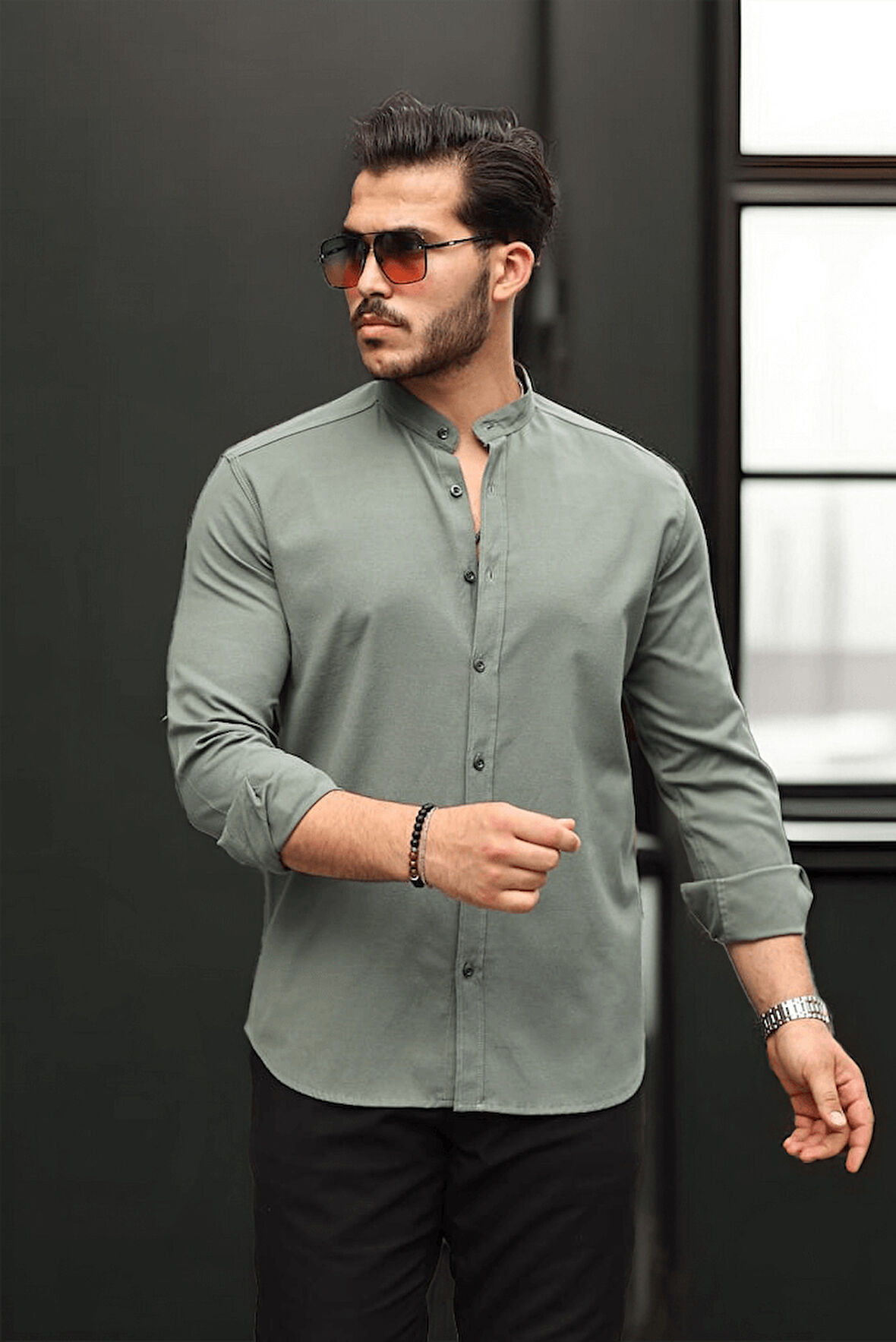 Hakim Yaka Oxford Kumaş Uzun Kol Gömlek - Haki