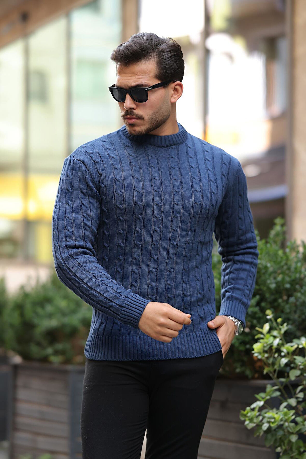 Saç Örgülü Bisiklet Yaka Erkek Triko Kazak - İndigo