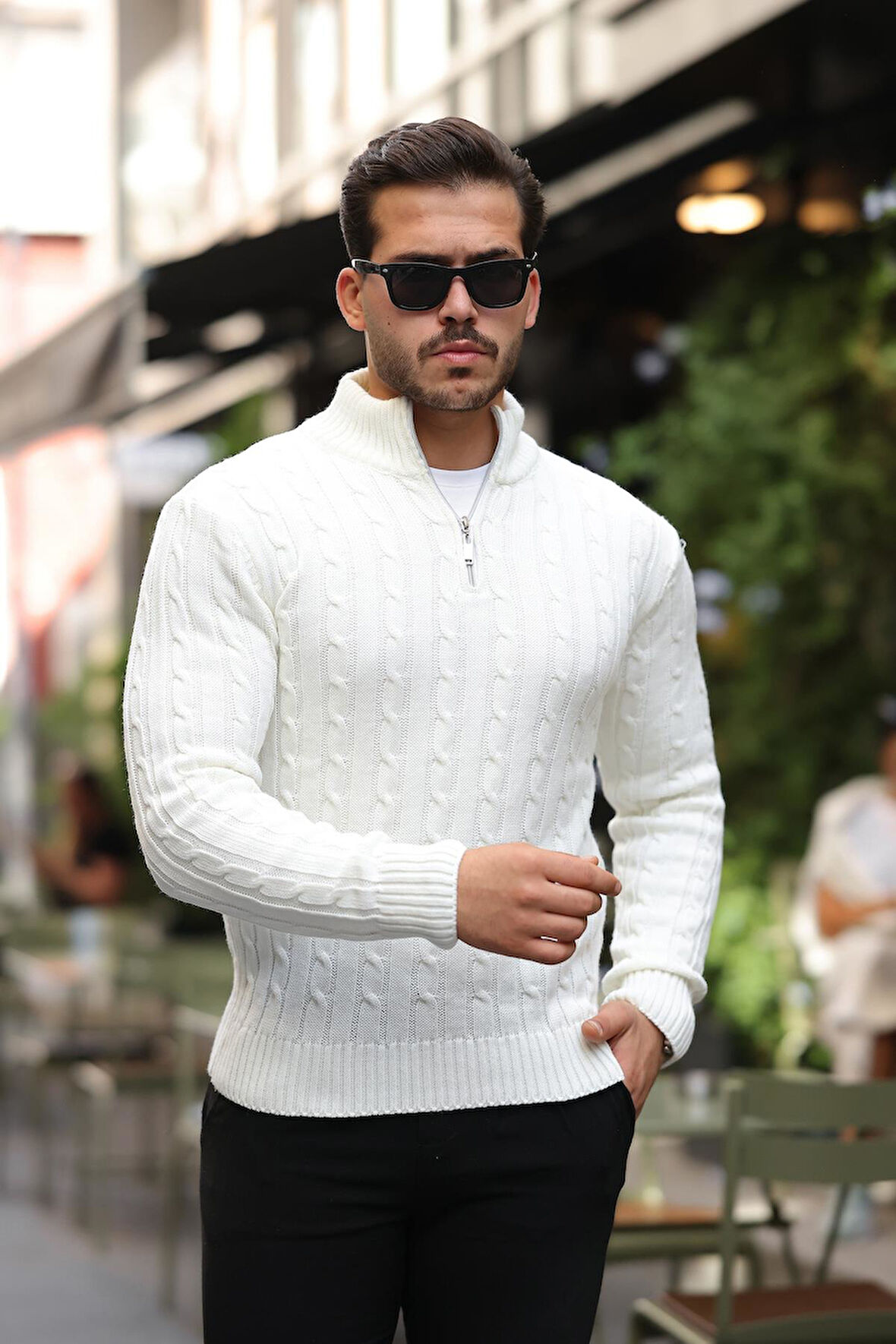 Saç Örgülü Yarım Fermuar Erkek Triko Kazak - Ekru