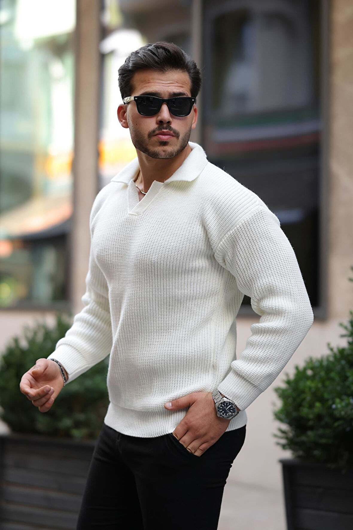 Oversize Gömlek Polo Yaka Selanik Örgülü Erkek Triko Kazak - Ekru