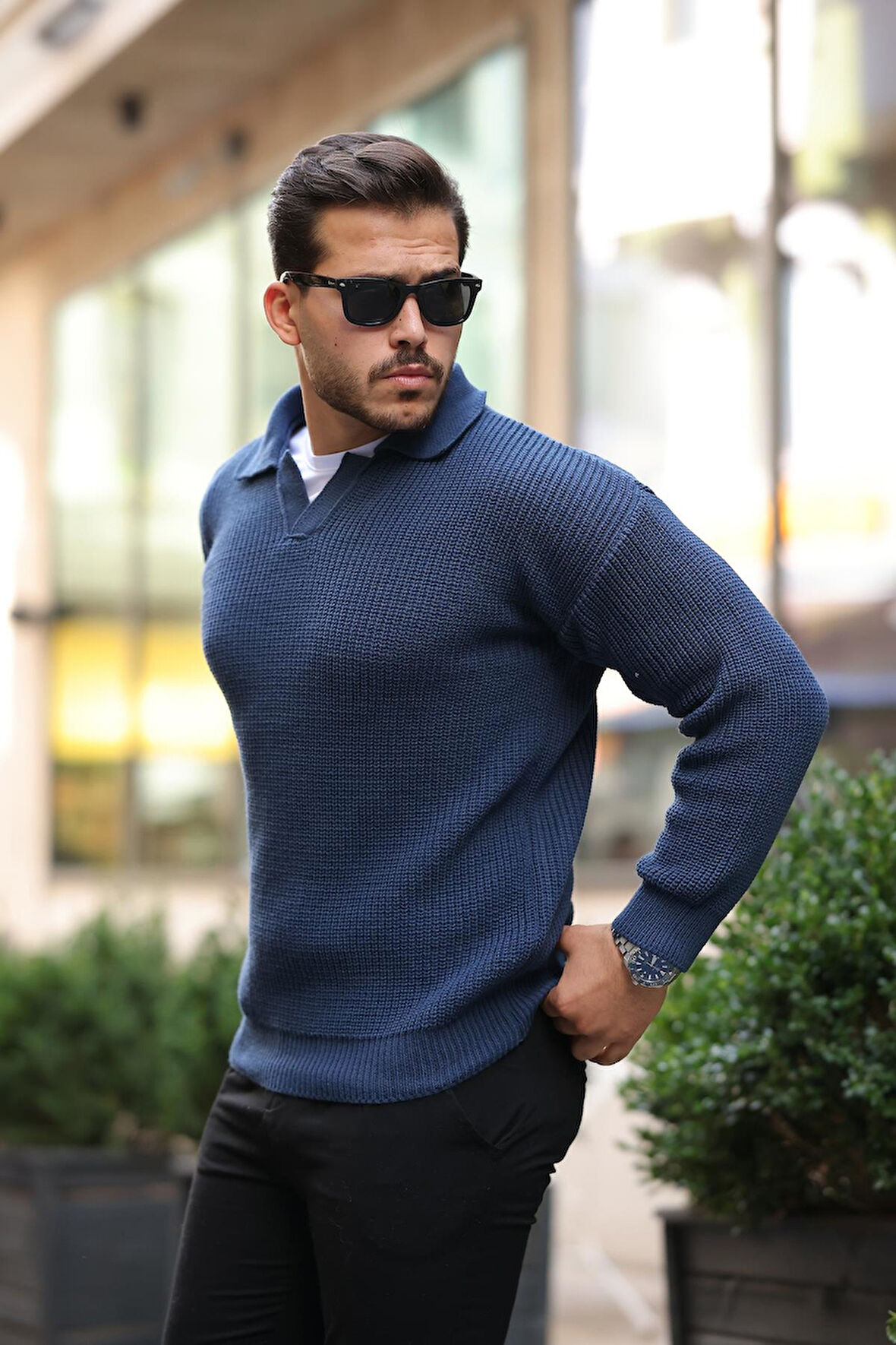 Oversize Gömlek Polo Yaka Selanik Örgülü Erkek Triko Kazak - İndigo