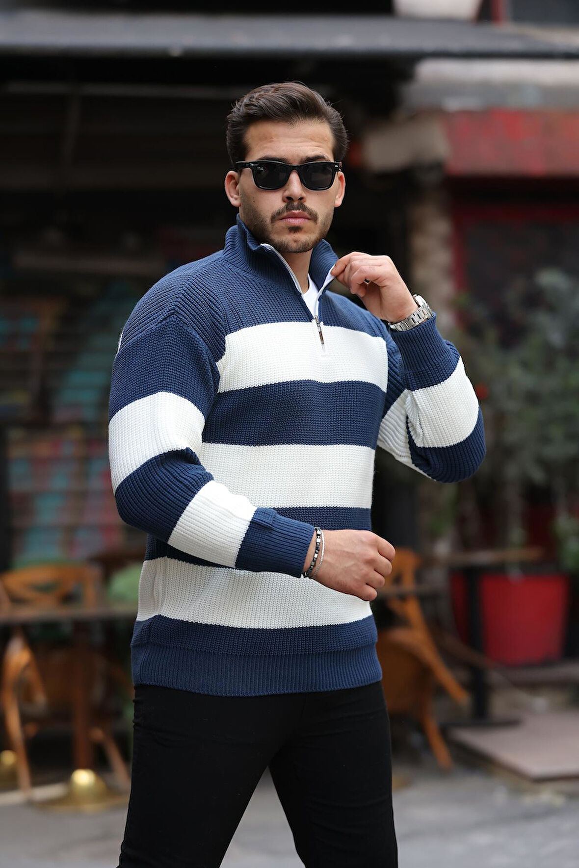 Oversize Çizgili Selanik Örgülü Yarım Fermuar Triko Erkek Kazak - İndigo