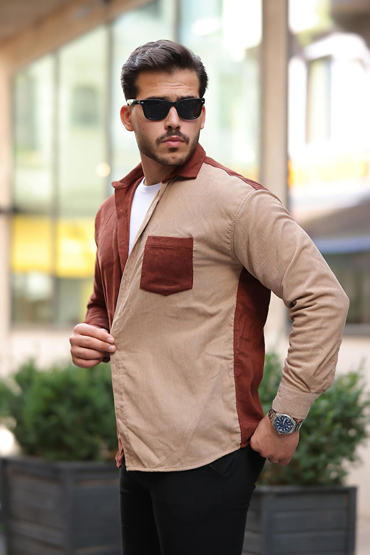 Kontrast Çift Renk Fitilli Kadife Gömlek - Koyu Kiremit