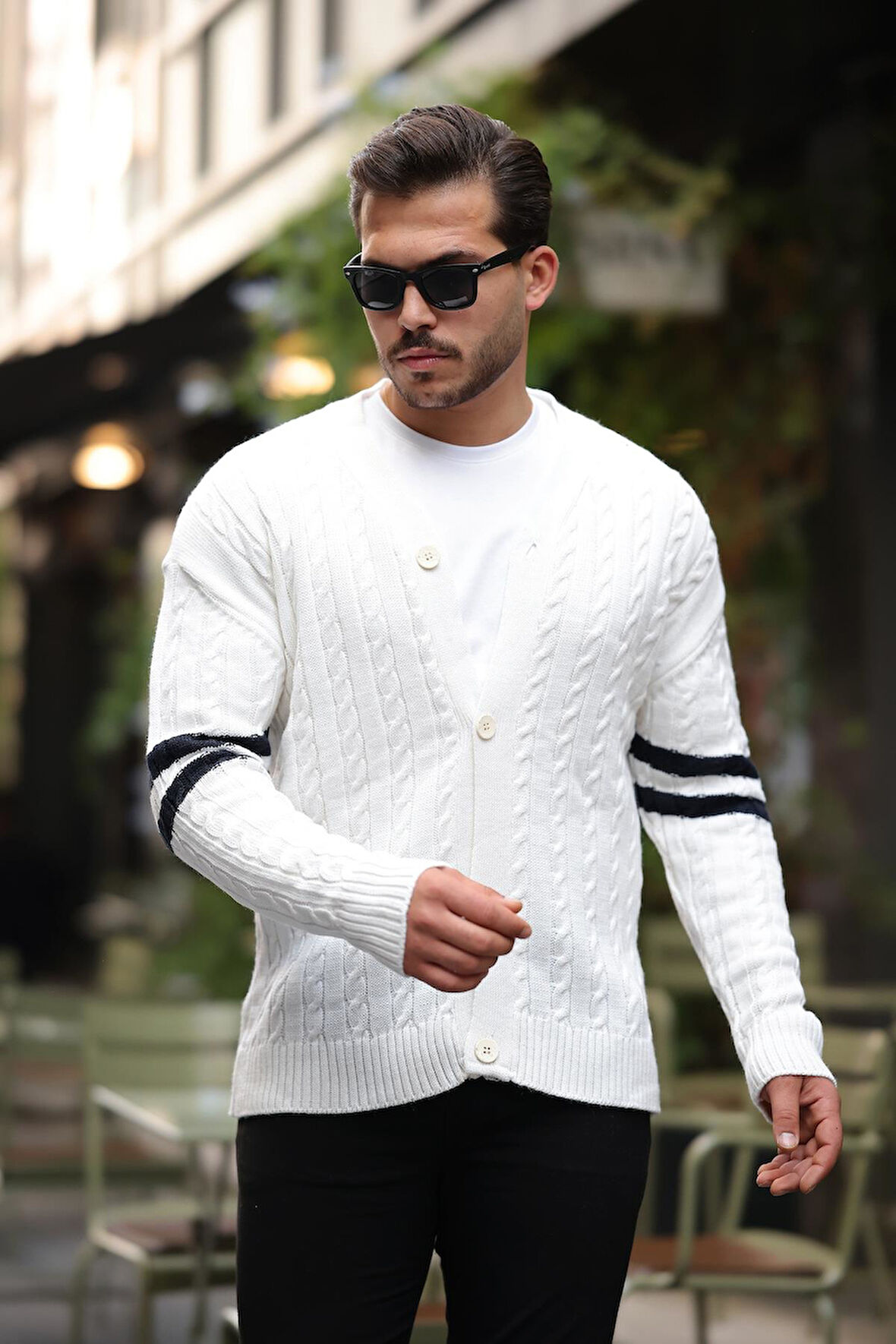 Saç Örgü Kolları Şerit Detaylı Triko Hırka - Ekru