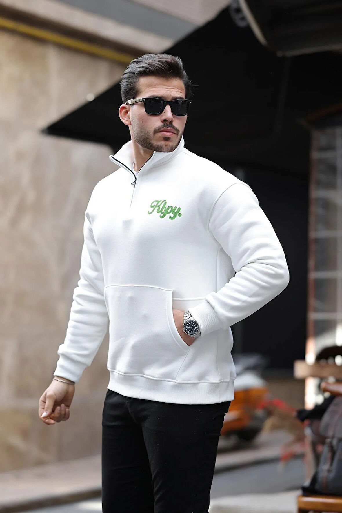 Cozy Kanguru Nakışlı Şardonlu Yarım Fermuar Sweatshirt - Ekru