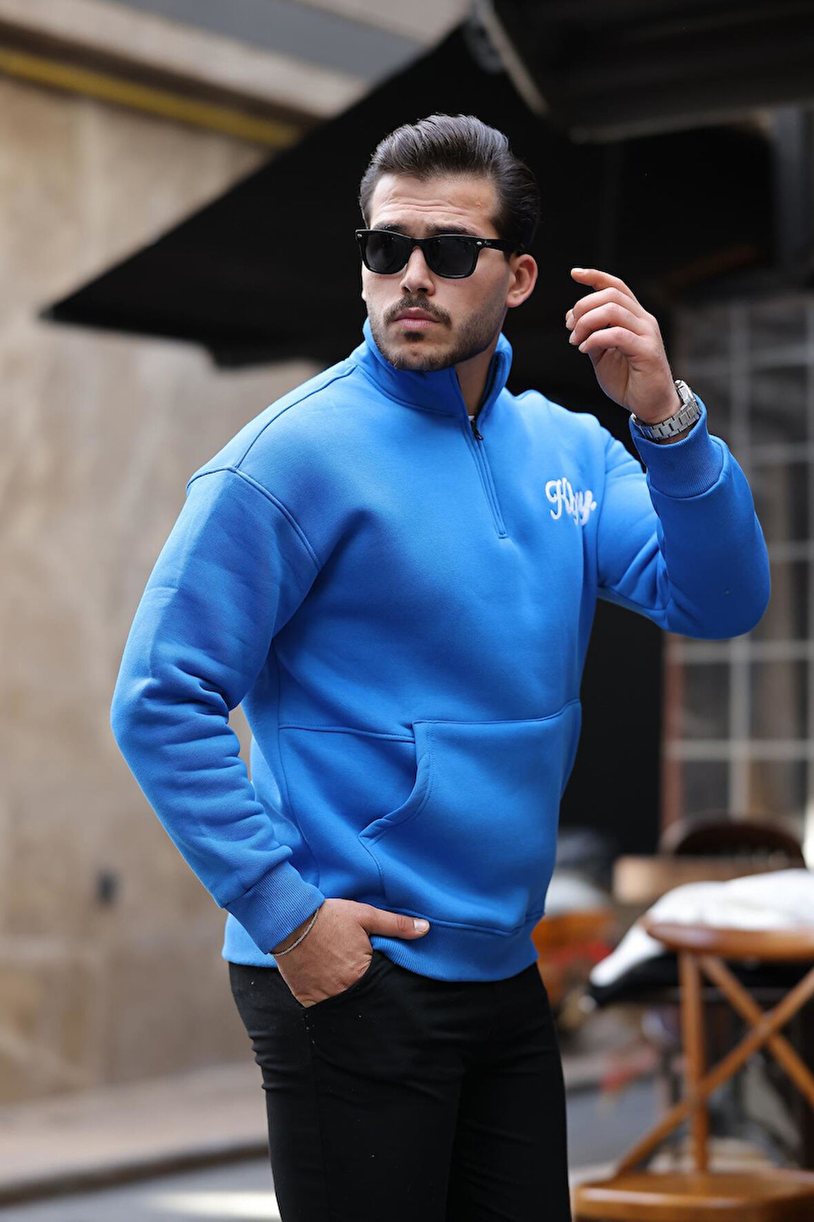 Cozy Kanguru Nakışlı Şardonlu Yarım Fermuar Sweatshirt - Mavi
