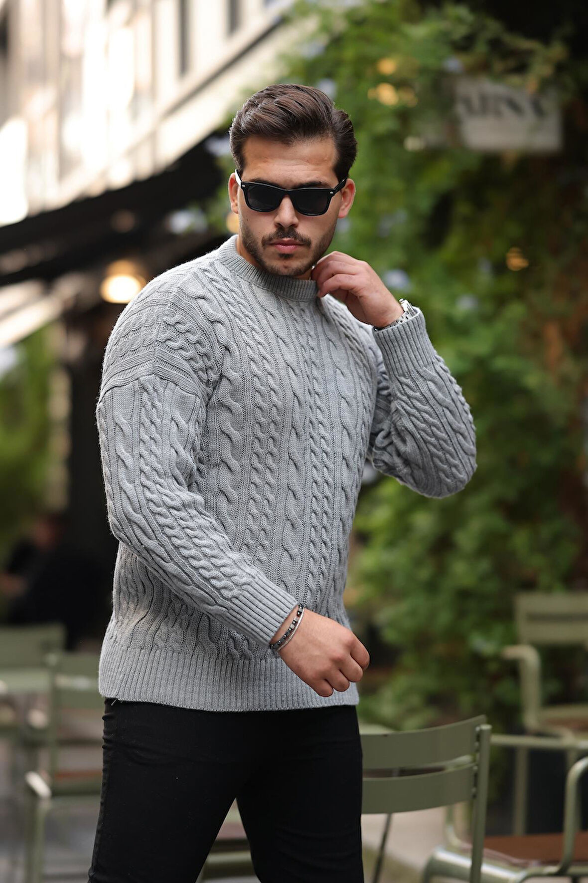 Comfort Fit Saç Örgü Bisiklet Yaka Triko Kazak - Füme