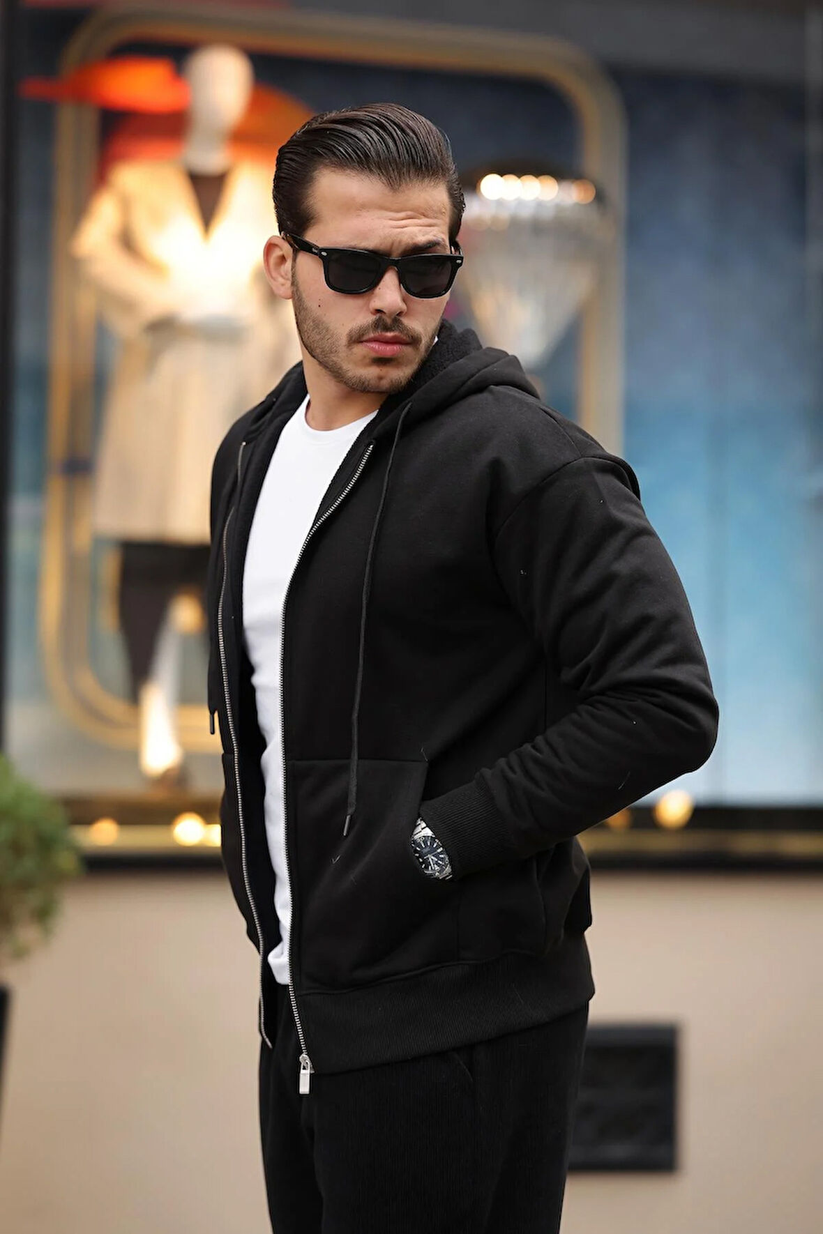 İçi Peluş Üç İplik Kumaş Oversize Fermuarlı Kapüşonlu Sweatshirt- Siyah