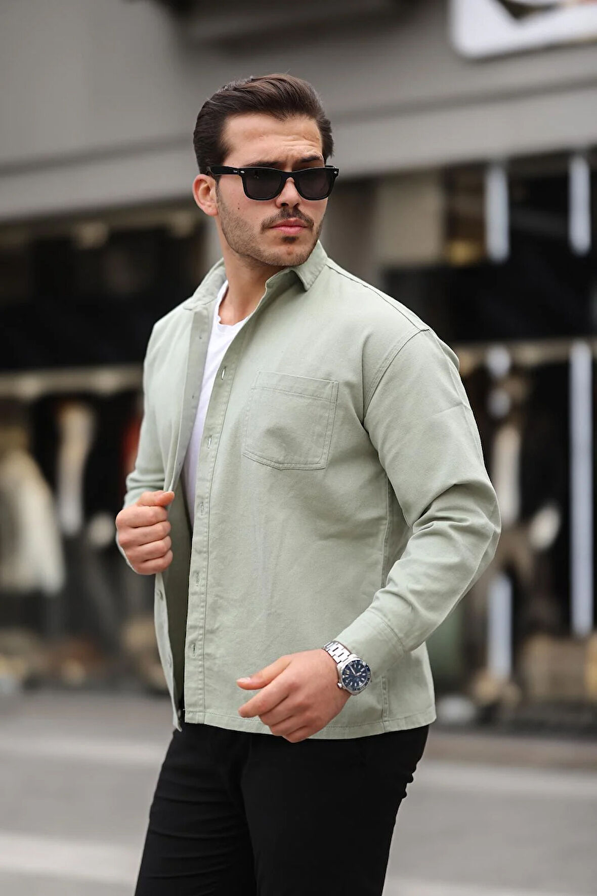 Tek Cepli Oversize Gabardin Kumaş Erkek Gömlek - Açık Yeşil