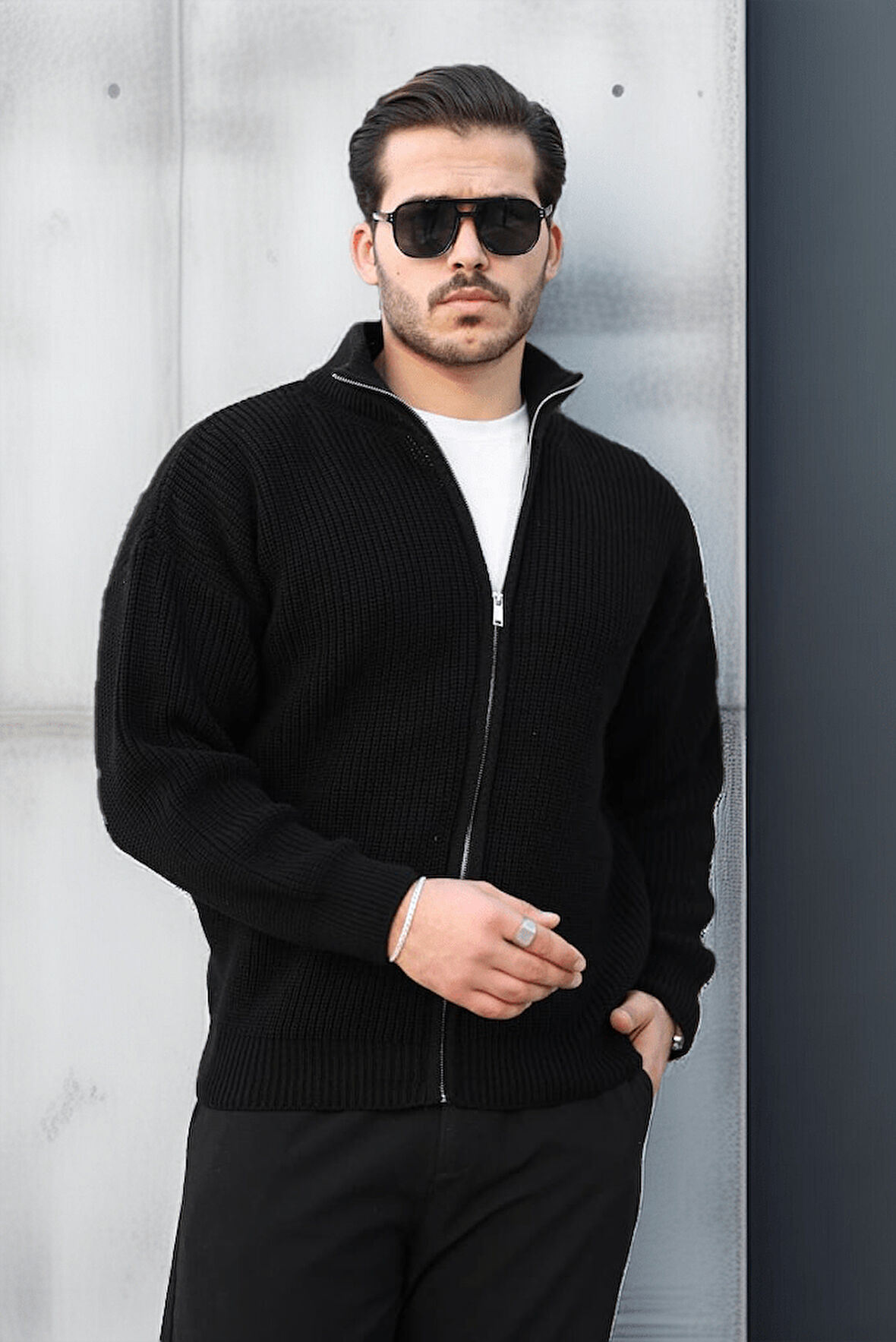 Oversize Selanik Örme Fermuarlı Erkek Hırka- Siyah