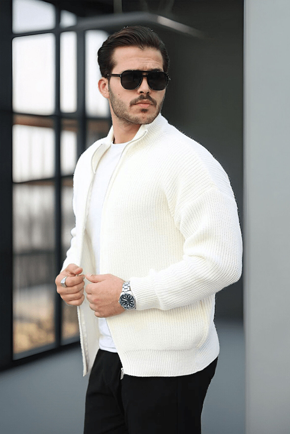 Oversize Selanik Örme Fermuarlı Erkek Hırka- Ekru