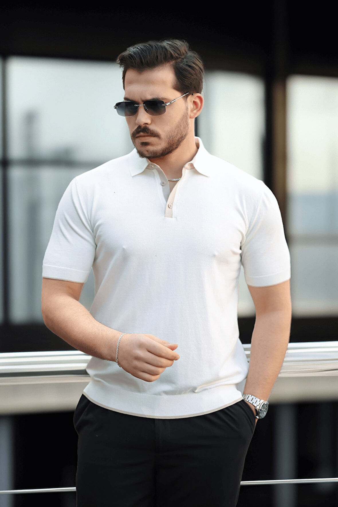 Premium Şerit Detaylı Viskon Polo Yaka Triko Erkek T-Shirt - Ekru